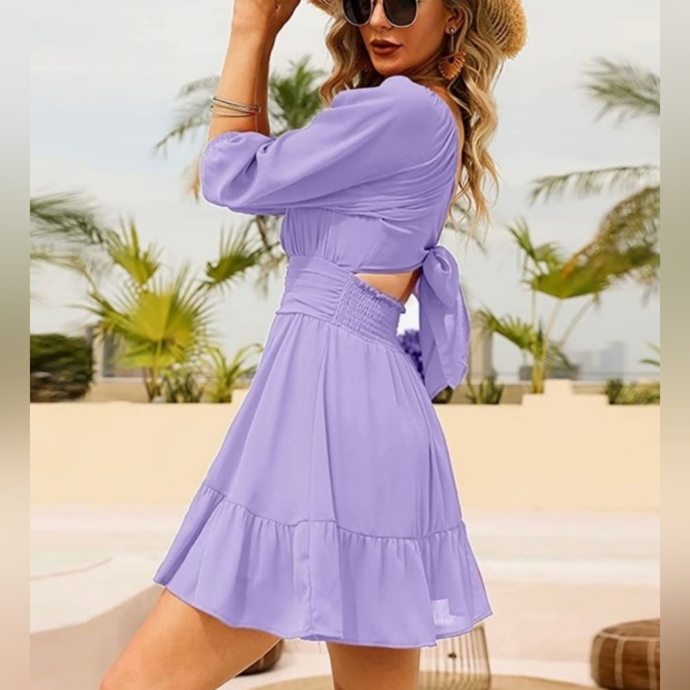 EXLURA Lantern Sleeve Purple Tie Back Mini Dress, L